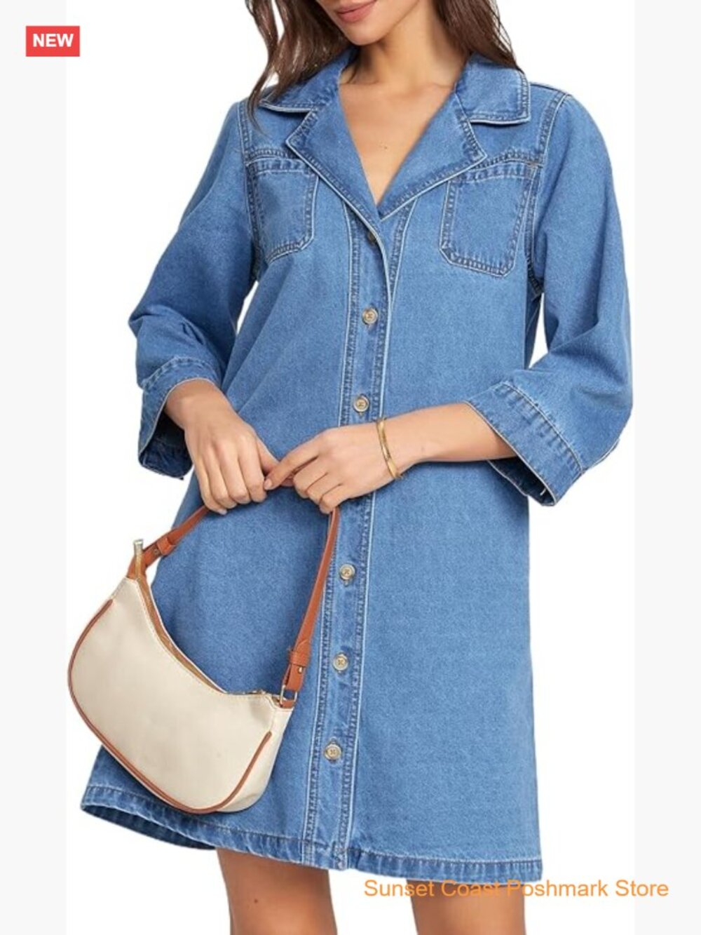 Denim Shirt Dress 3/4 Sleeve Button Down A Line Casual Chambray Dress with